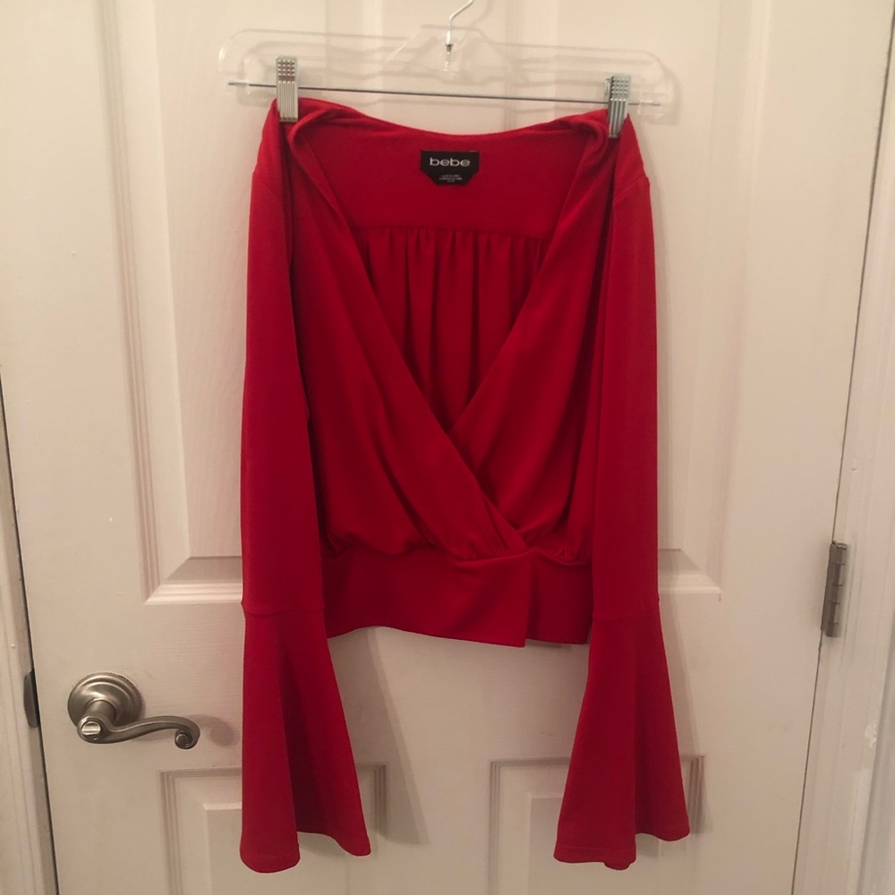 Bebe red v neck wrap top flutter sleeve valentines date night blouse XS S 2 4 6